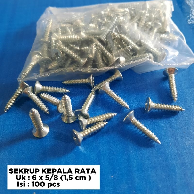 100 pcs sekrup kepala rata panjang 1,5 cm - sekrup kepala datar uk 6 x 5/8