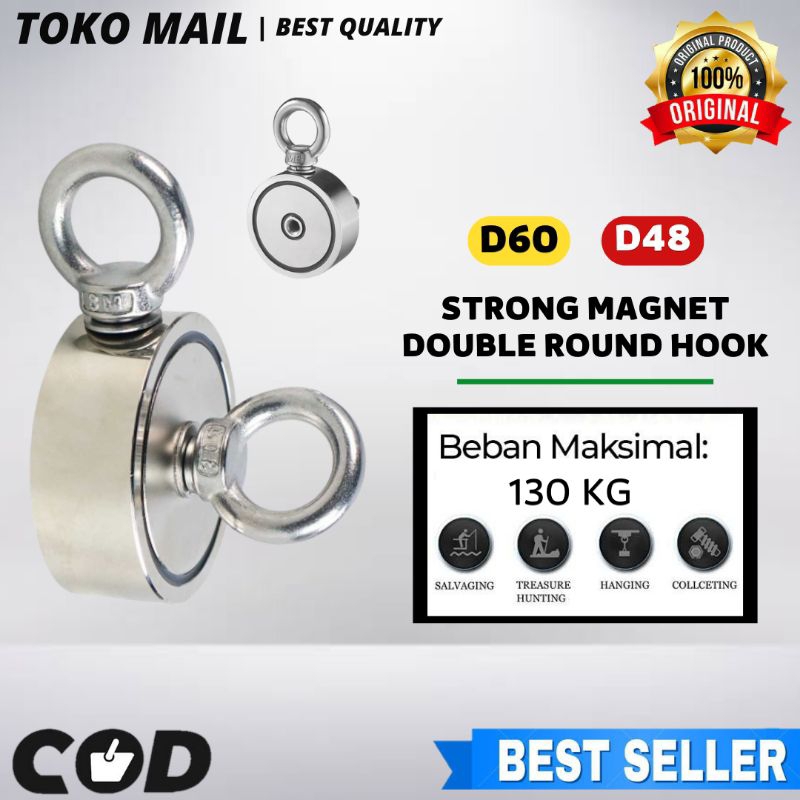 Magnet Dua Sisi Round Hook N52 130kg Magnet Fishing Pancing Besi Sungai Laut Double Sided