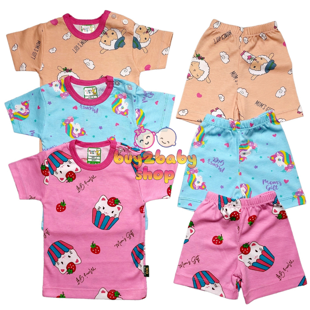 3 PCS Setelan baju anak Kaos Pendek Celana Pendek Motif Girl Series Moms Gift 0-2 Tahun isi 1-3 PCS