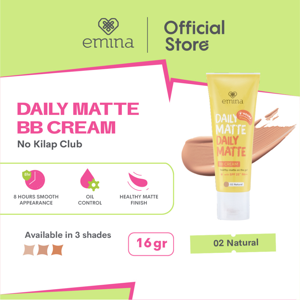 EMINA Daily Matte BB Cream Indonesia / BB Cream Wajah 16g / 8 Hours Smooth Appearance Oil Control Health Mate Finish SPF UV Filter / 01 Light 02 Natural 03 Caramel / Makeup Face Make Up Series / Compact Loose Powder Cushion Foundation / Bedak Padat Tabur