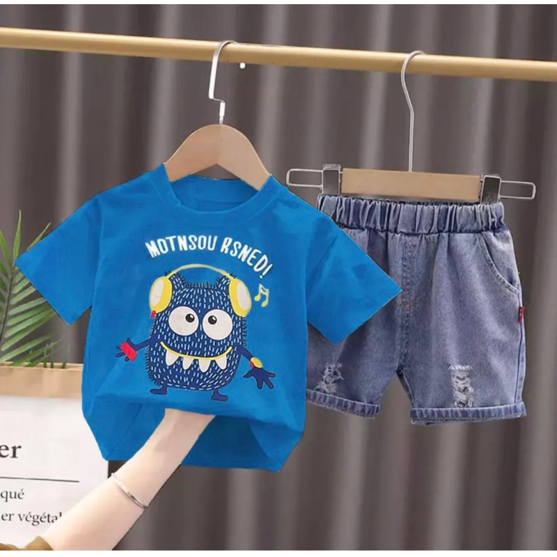 setelan anak laki dan perempuan bergambar kaos anak dan celana pendek denim anak 1-5 tahun