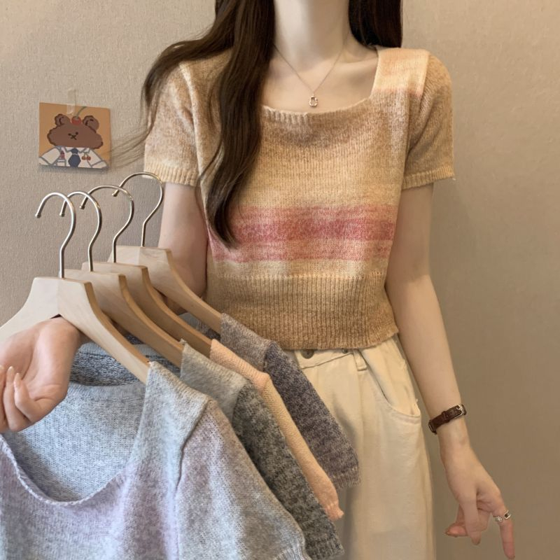 BEARYJEANS T-shirt Gradient Ice Silk Square Crop Kaos Wanita Rajut Lengan Pendek Crop Korean Style - BJ092