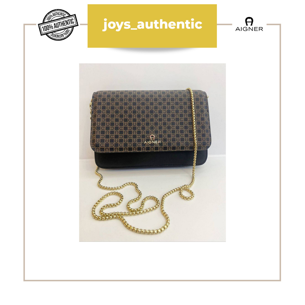 Tas Wanita Aigner Dadino Clutch Coklat Brown Woc With Chain Woman Bag Authentic Original
