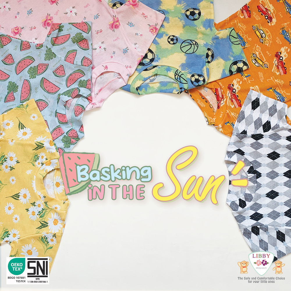 LIBBY Setelan Oblong Cotton Rib Tipis Pendek Boy &amp; Girl  - Setelan Pendek Tipis Series Motif Basking In The Sun (1stel)