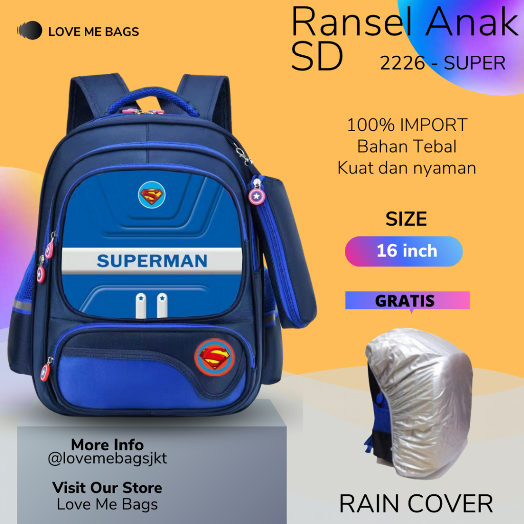 LMB Tas Sekolah Anak SD Import Laki Karakter Superhero Timbul 6D Ukuran Besar Bahan Nilon Premium Tebal