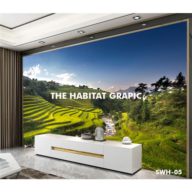 Wallpaper Dinding 3D Custom Pemandangan Persawahan Alami, Printing Wallpaper Custom Waterfall Motif 