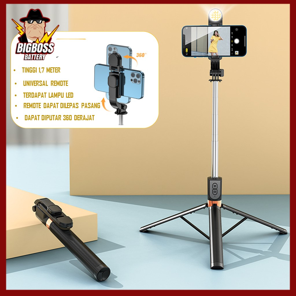 Tongsis Bluetooth 1.7 Meter Selfie Stick 4IN1 360° Rotation Adjustable Tongsis Tripod Selfie Remote Bluetooth LED 170CM