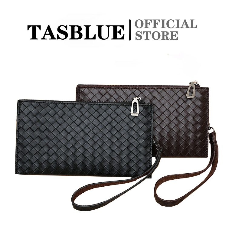 TASBLUE Dompet Tenun Bertekstur Kulit Pria Kopling Bergaya Ritsleting Panjang 1629 Dompet Mode Dompet Bisnis Pria