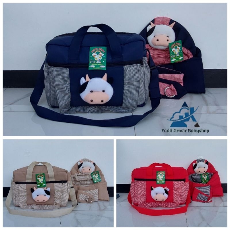 Paket Hemat (2 in 1) Tas Bayi Besar Fadli Boneka Sapi Dan Gendongan Bayi Samping Topi Kerut Boneka Sapi Terbaru