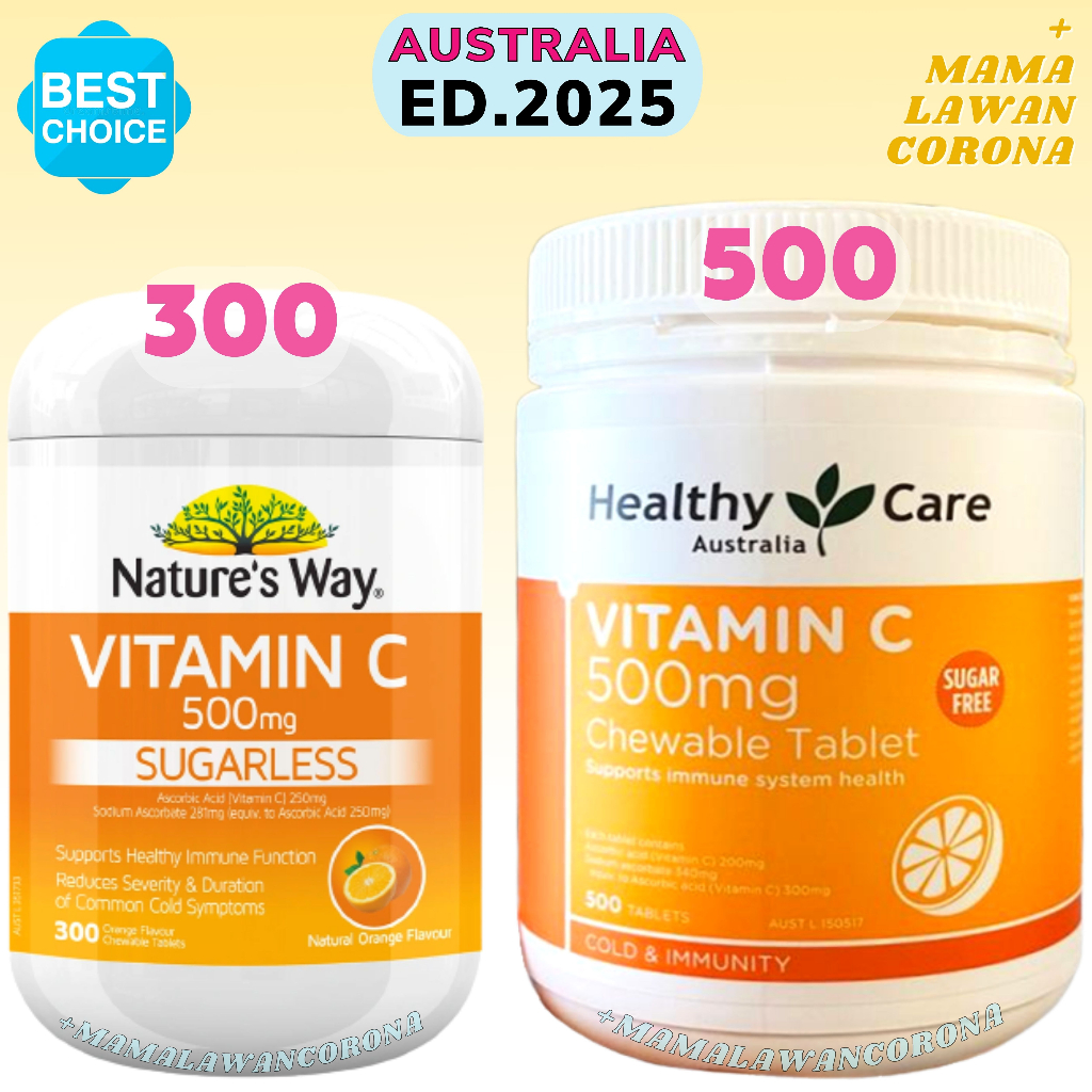 HEALTHY CARE Vitamin C Vit C 500mg 500 mg isi 500 Tablet Chewable Kunyah Healty D D3 1000iu 1000 iu / E 500iu 200 / Sugarless 300 Tablets