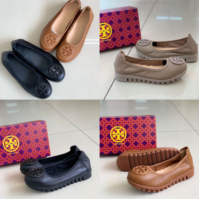Sepatu tory burch flat logo kulit asli