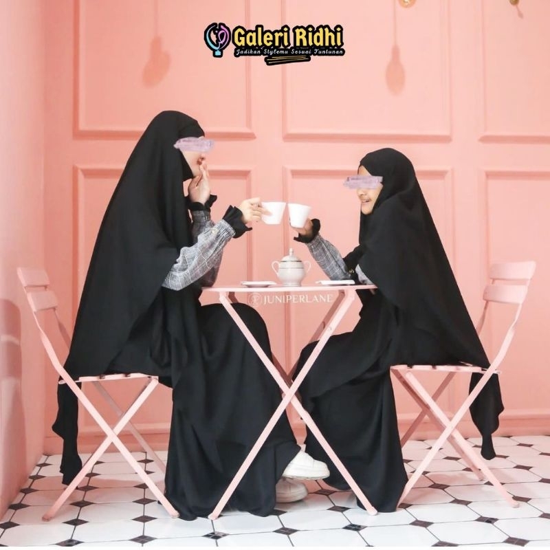 Couple Ibu & Anak Set Setelan Gamis Abaya French Khimar Lancip V Silang Cadar Instan Ori Juneperlane