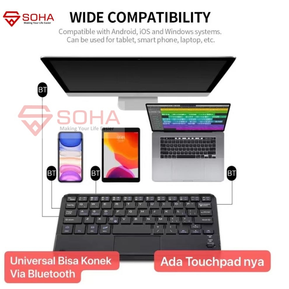 Wireless Keyboard Koneksi Bluetooth Keyboard Biasa / Trackpad Touchpad Untuk Tablet Ipad Android Phone