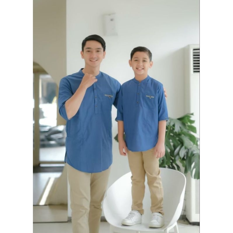 Baju Koko Kurta Pria Biru Denim SHIDDIQ Couple Ayah dan Anak laki laki Lengan Pendek Bahan Oxford  P