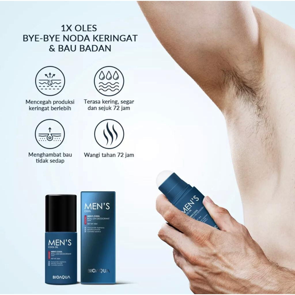 BIOAQUA Men's Cool Roll-On Deodorant 50ml Antiperspiran Deodoran Khusus Untuk Pria Mengurangi Keringat Berlebih Menghambat Bau Tidak Sedap