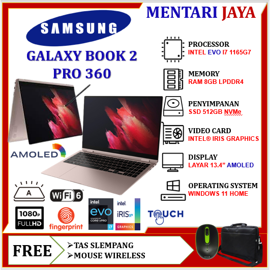 LAPTOP SAMSUNG GALAXY 2 PRO 360 INTEL I7 1165G7 8GB 256GB SSD IRIS XE 13.4 TOUCH AMOLED WINDOWS 11