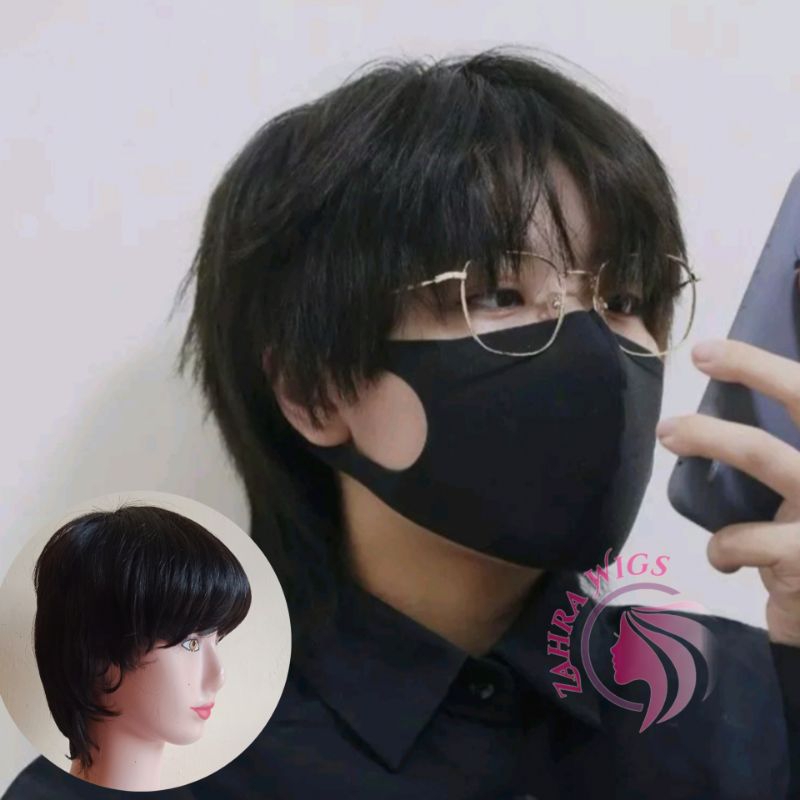 WIG RAMBUT PALSU PRIA MULLET PENDEK DENGAN PONI VERSI COWOK