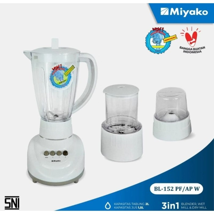 MIYAKO Blender BL 152 PF/AP W (White) - Blender Tabung Plastik 1.5 L - Garansi Resmi