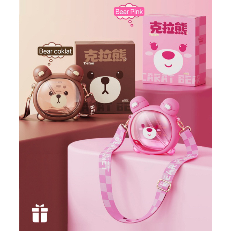 Botol Anak Bear 750ML Dua Tutup Teguk dan Sedot Ada Tali Selempang Adjustable
