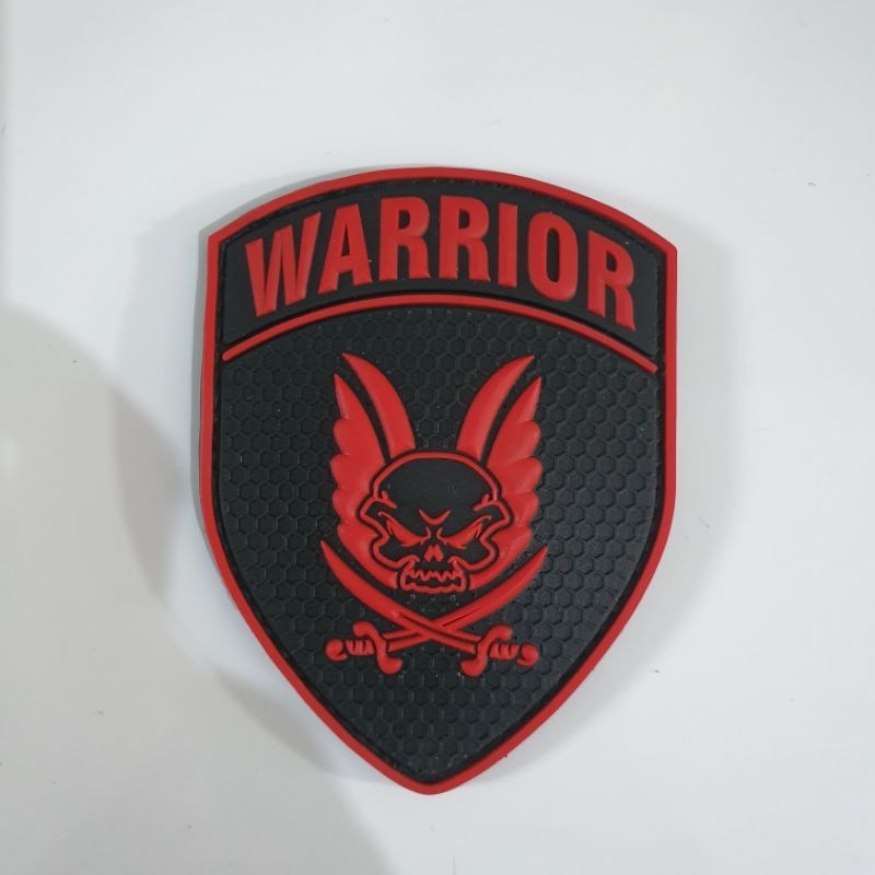 patch rubber logo tengkorak warrior merah / tempelan emblem karet velcro