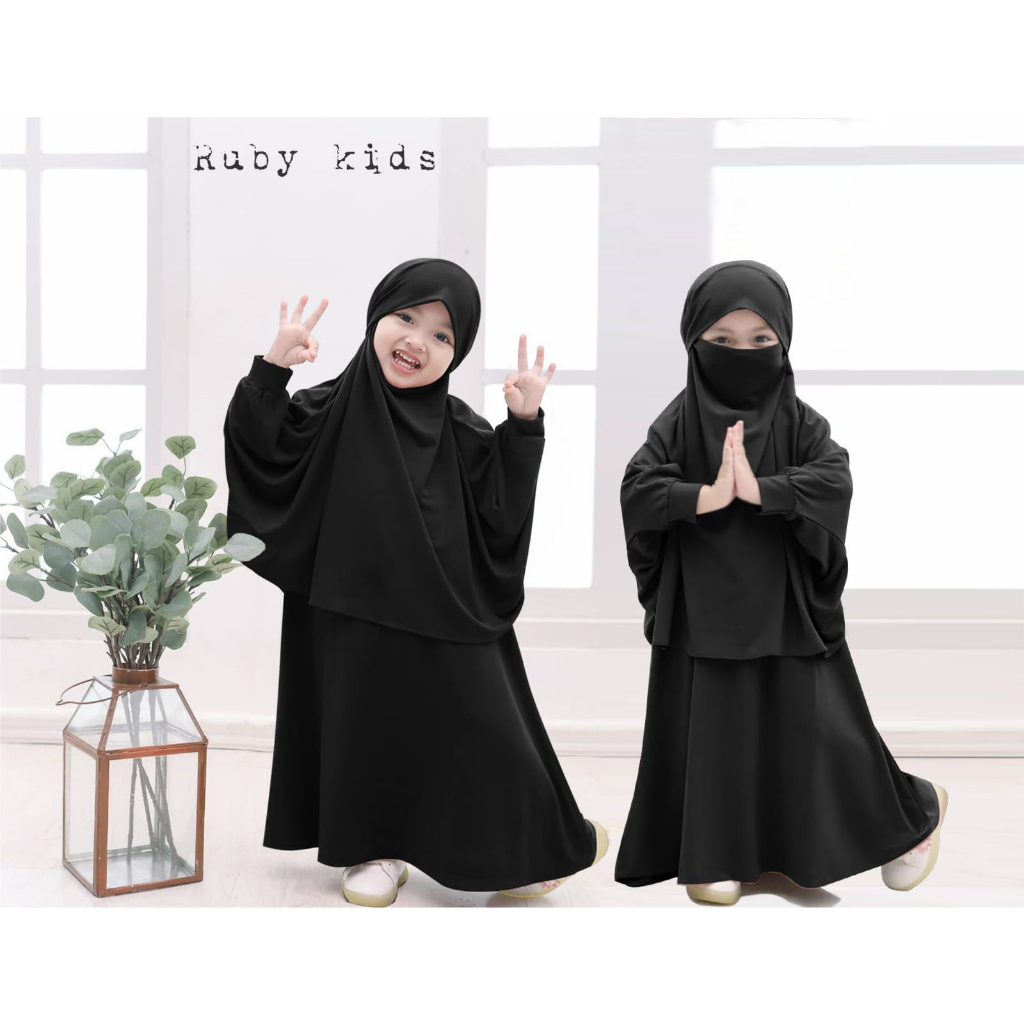 FenishaStore Baju Gamis Syar’i Jilbab Cadar Set Anak Perempuan Ruby Kids Usia 5-7 Tahun