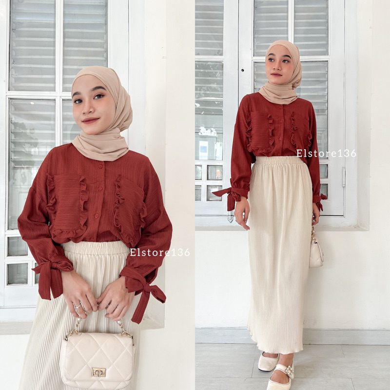 Selvi Blouse Bahan Baby Crush Atasan Wanita Full Kancing Lengan Tali Saku Dua Busui OOTD Remaja Dewasa