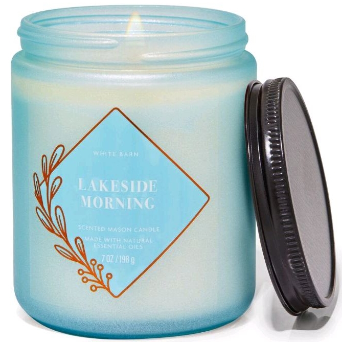 BATH &amp; BODY WORKS BBW LAKESIDE MORNING MADE WITH ESSENTIAL OILS WHITE BARN 1 SINGLE WICK SCENTED CANDLE 198 G PENGHARUM RUANGAN