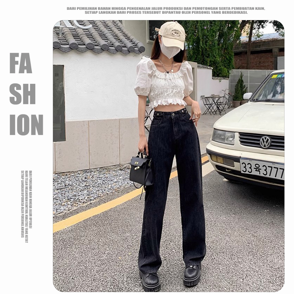 Jeans wanita santai kulot murah pinggang tinggi loose pants OOTD jeans highwaist korean style celana