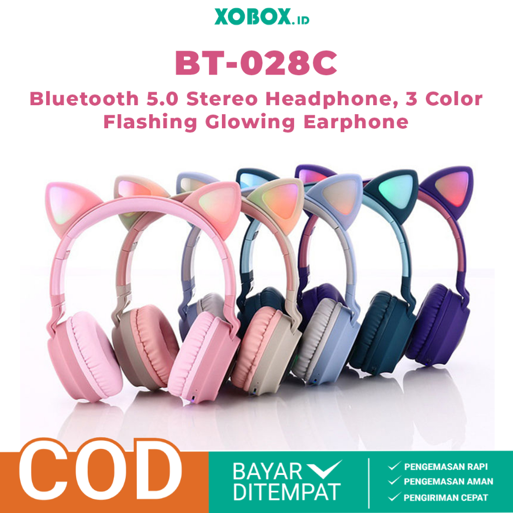 Headset Bluetooth 5.0 Cat Ear Headphone Wireless BT, FM, TF, AUX BT-028C - XOBOX