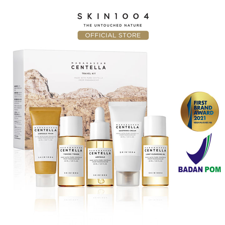 SKIN1004 Madagascar Centella Asiatica TRAVEL KIT Paket 5 pcs - Ampoule Foam, Cleansing Oil, Ampoule Serum, Toning Toner, Soothing  Cream Ukuran Kecil 20 ml / 30 ml - SKIN 1004 paket CTMP dengan Tas Facial Wash Ukuran Keciil Mini Trial