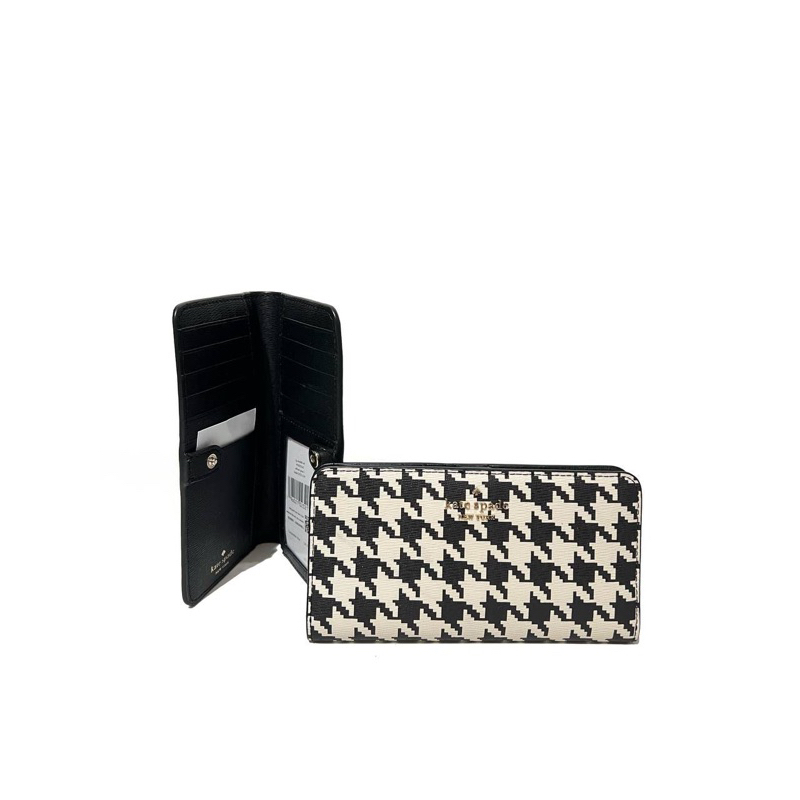 Kate Spade Darcy Large Slim Bifold Wallet Hounstooth Black AUTHENTIC