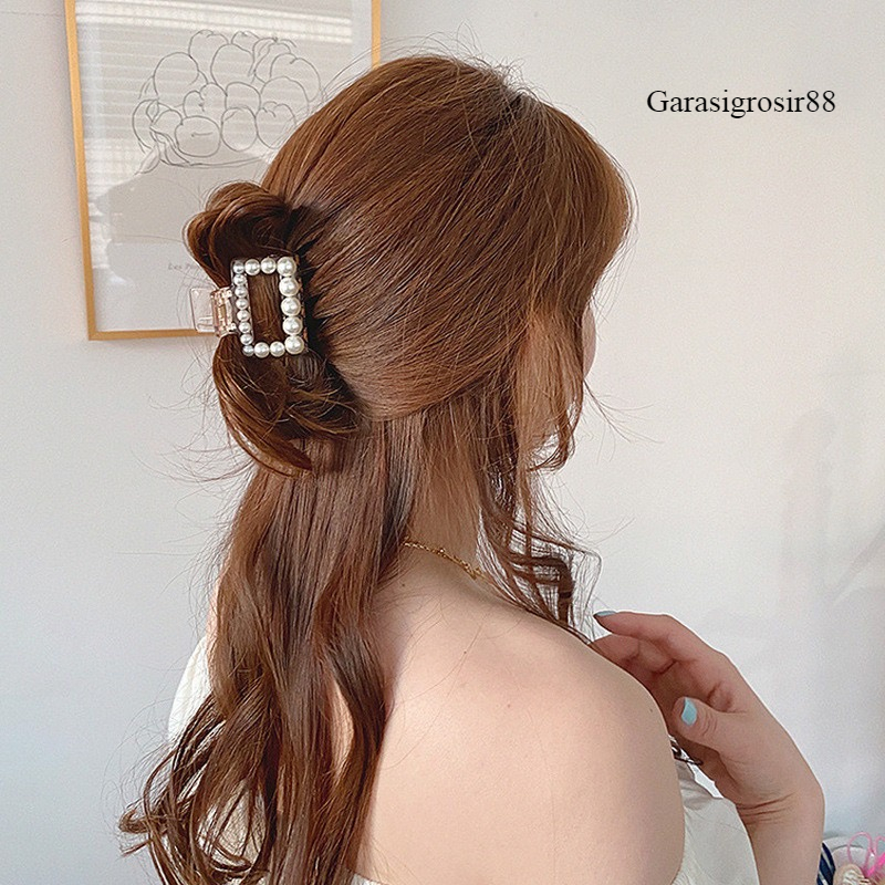 Jedai Rambut Wanita LOLITA Jedai Model Kotak Bening Dengan Mutiara Putih Kekinian