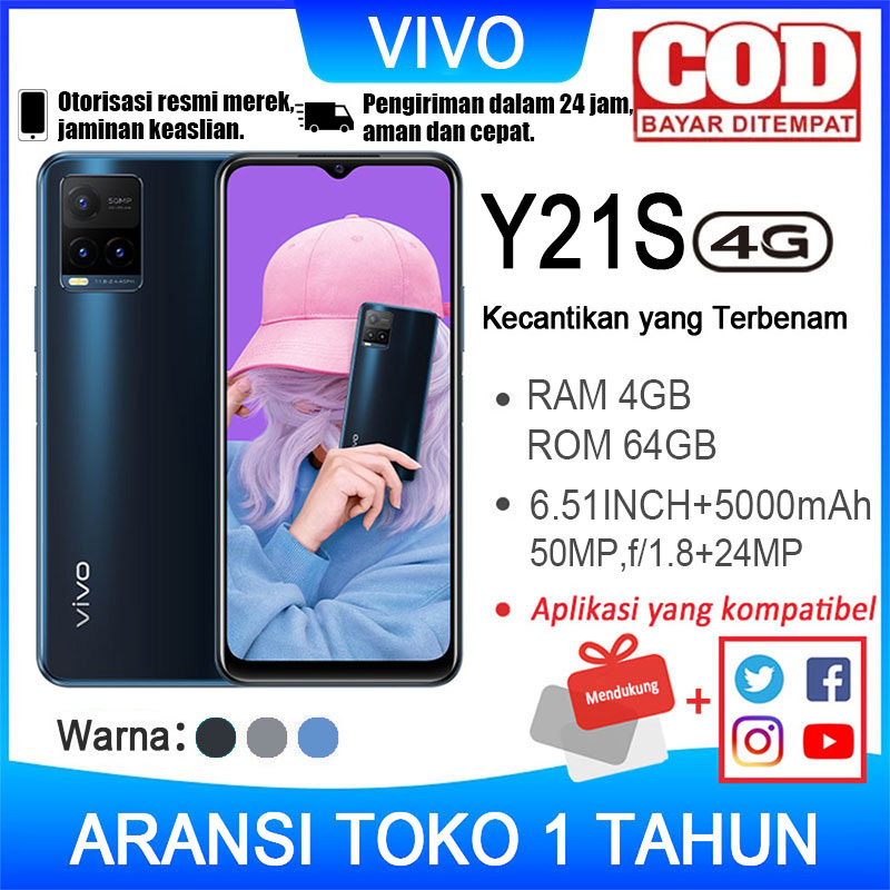 Vivo Y21S 2023 RAM 4GB ROM 64GB/128 GB Face Unclock Fast Fingerprint Garansi Resmi 1 Tahun