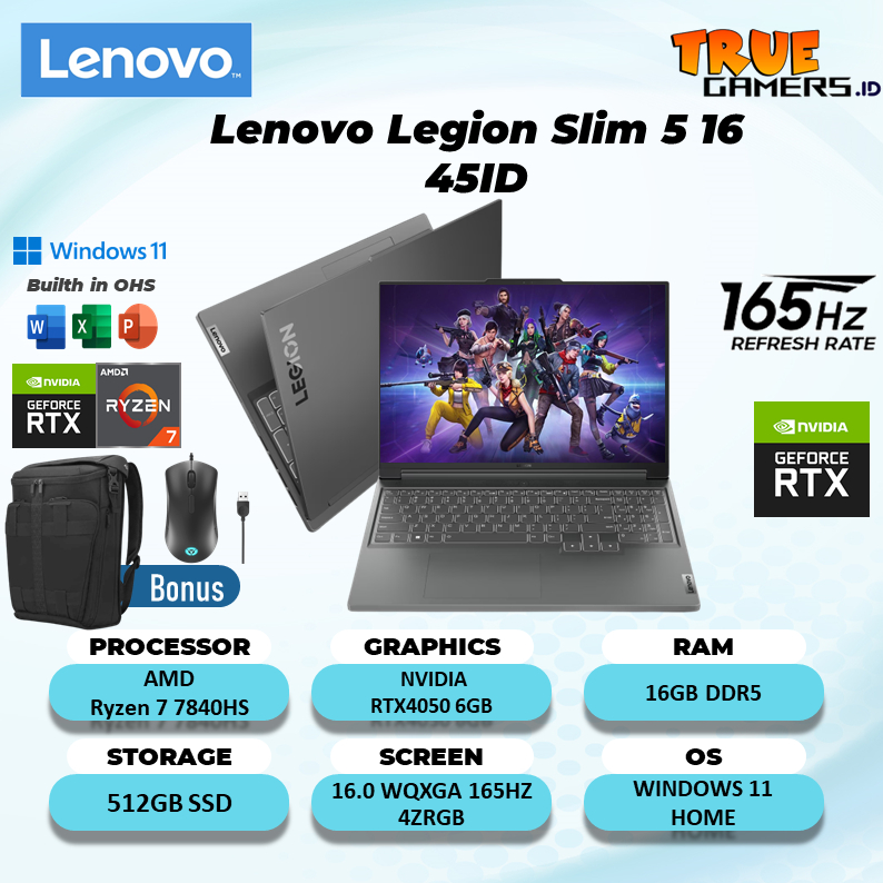 Laptop lenovo Legion Slim 5 16 RTX4050 6GB Ryzen 7 7840HS 16GB 512GB WIN 11 FREE OHS 16.0WQXGA 165HZ 4ZRGB