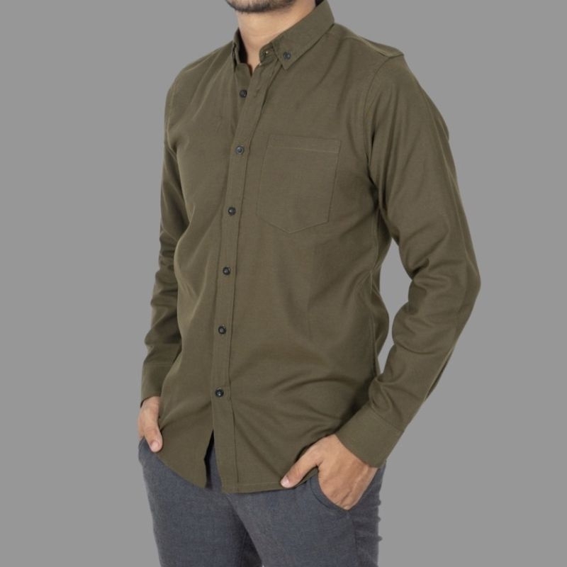 Kemeja Pria Lengan Panjang Polos Hijau Army Slimfit Baju Kemeja Pria Katun