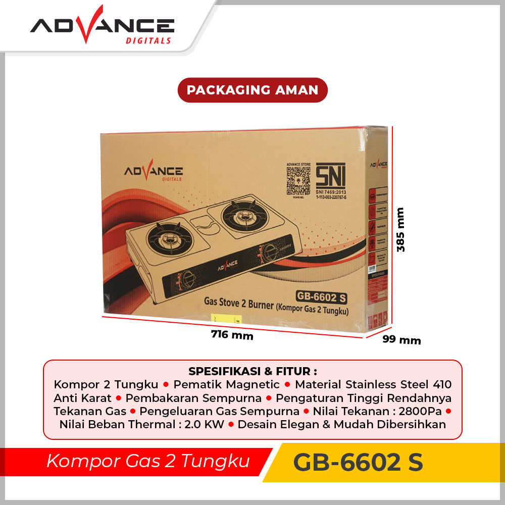 Advance Kompor Gas 2 Tungku GB 6602 S Stainless Steel