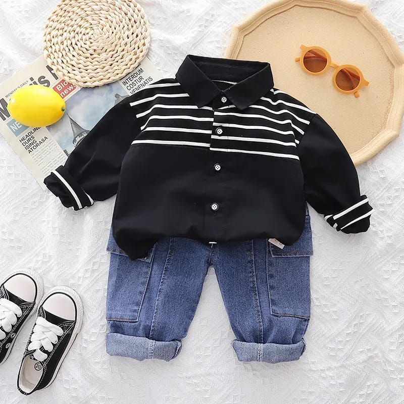 Setelan lengan panjang anak laki-laki 6 bulan - 5 tahun MOTIF GARIS HITAM &amp; PUTIH / baju bayi ala korea import premium