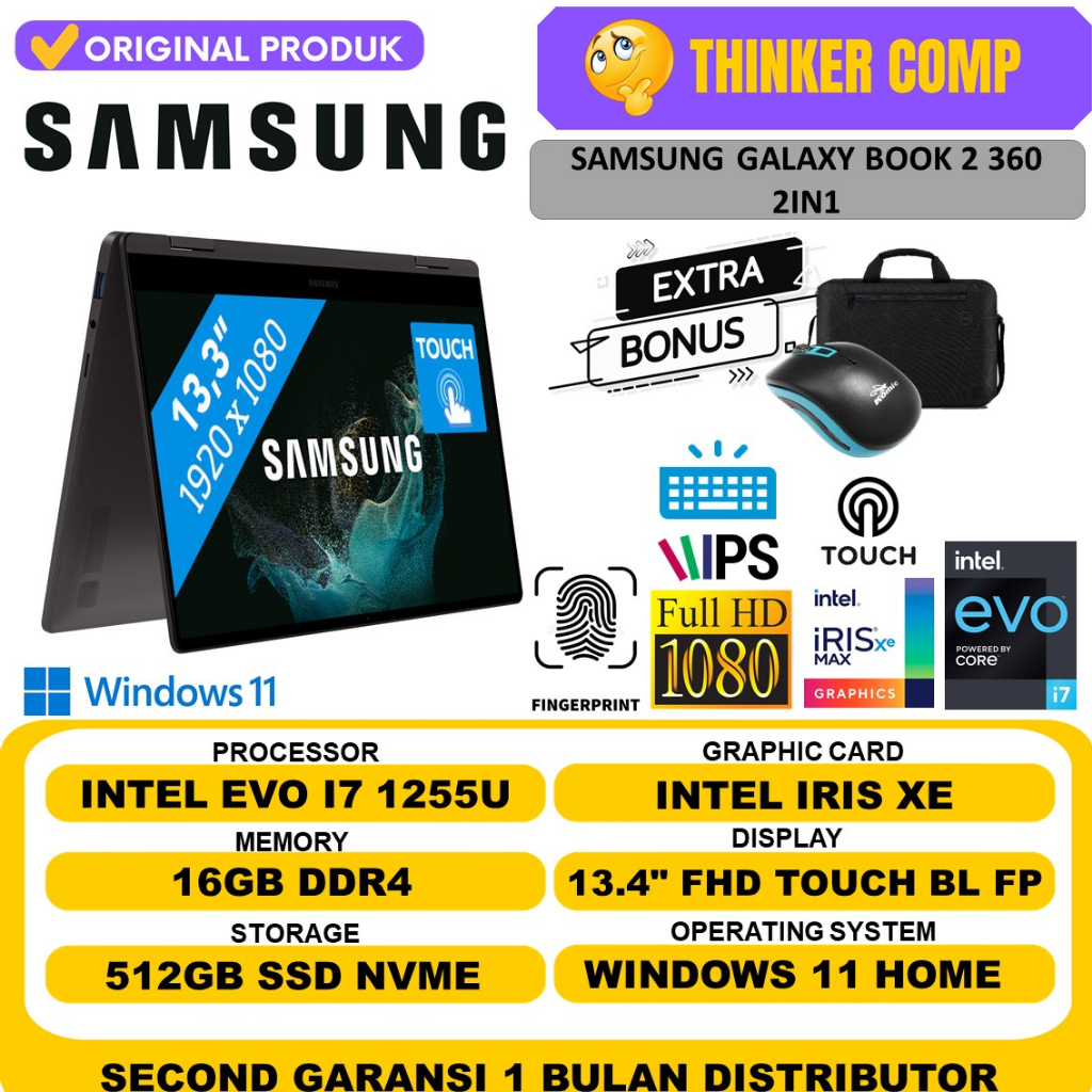 LAPTOP SAMSUNG GALAXY BOOK 2 PRO EVO INTEL I7 SERIES 16GB DDR5 512GB IRIS XE FHD TOUCH WIN 11 ORI