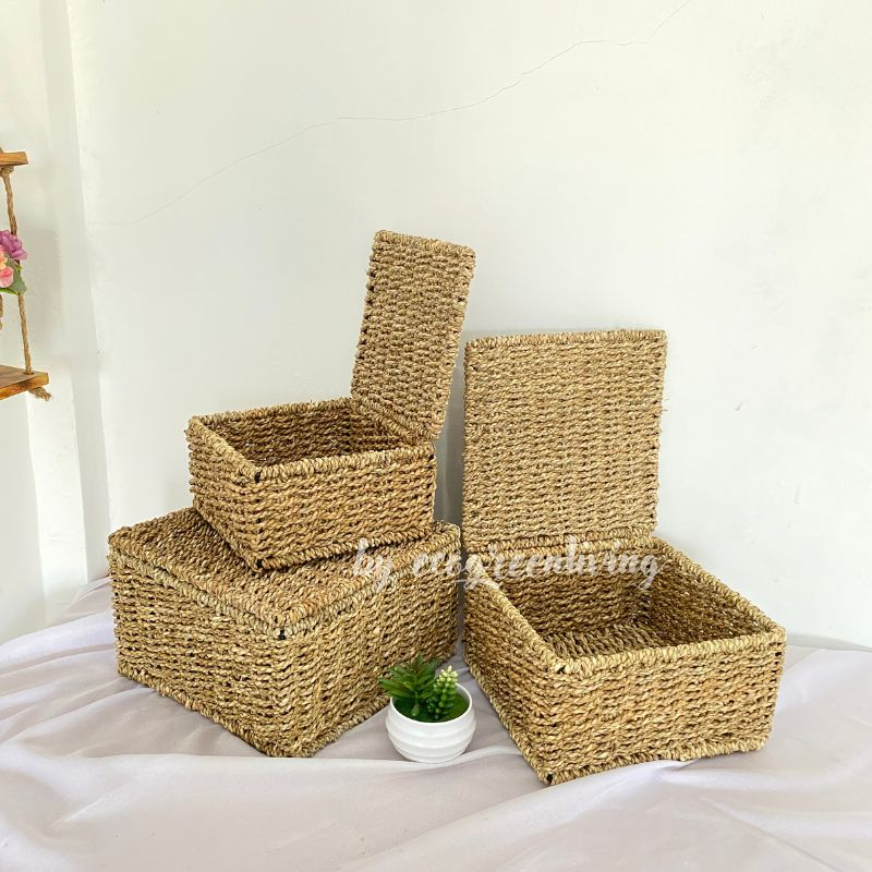 Hampers Square Seagrass Cover Flip / Kotak Hampers / Box Hantaran / Penyimpanan Anyaman Seagrass