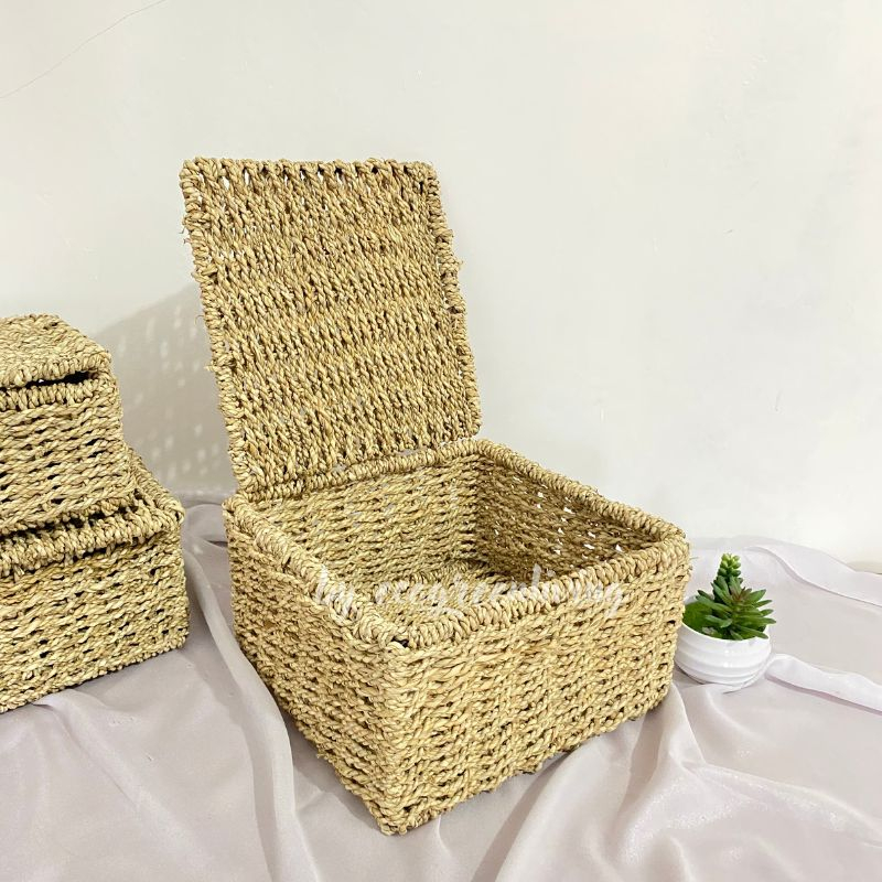 Hampers Square Seagrass Cover Flip / Kotak Hampers / Box Hantaran / Penyimpanan Anyaman Seagrass