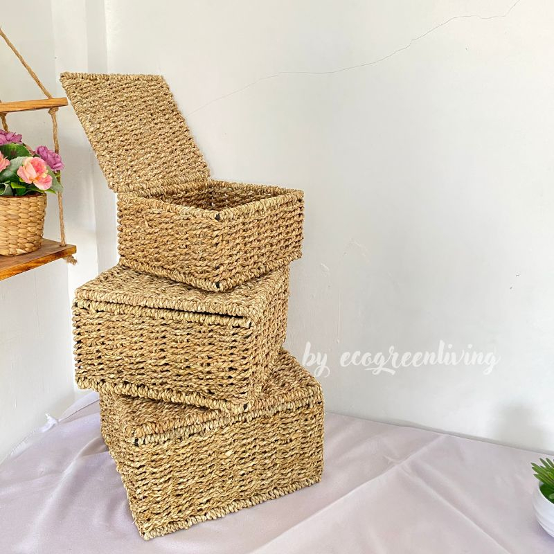 Hampers Square Seagrass Cover Flip / Kotak Hampers / Box Hantaran / Penyimpanan Anyaman Seagrass