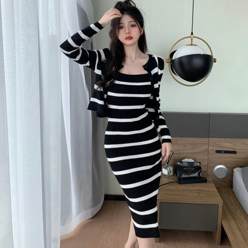 Basic id fashion Dres rajutwanita / Dres stripe 1 set + cardigan / Dres korean style