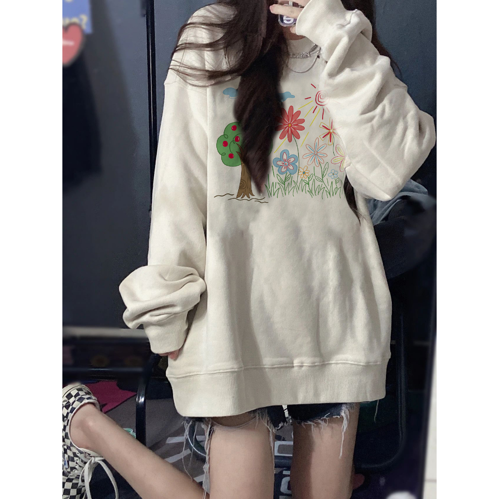 EUNII Sweater Lengan Panjang Cartoon Drawing Printing Korean Style/Sweater Crop/Baju Wanita/Switer Wanita/Switer