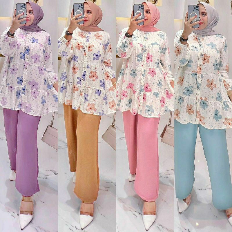 Daisy Set, SETELAN WANITA CANTIK JUMBO MODIS FIT XXL LD 120 BAHAN TOP RAYON PREMIUM PANTS CRINKLE IMPORT KANCING AKTIF TERMURAH OOTD KEKINIAN TERLARIS