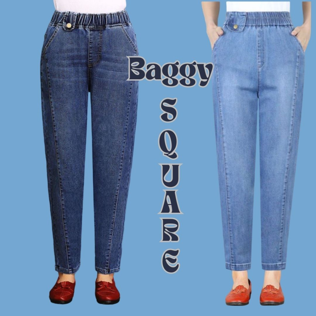 Celana baggy pants square bahan jeans wash premium model high waist terbaru