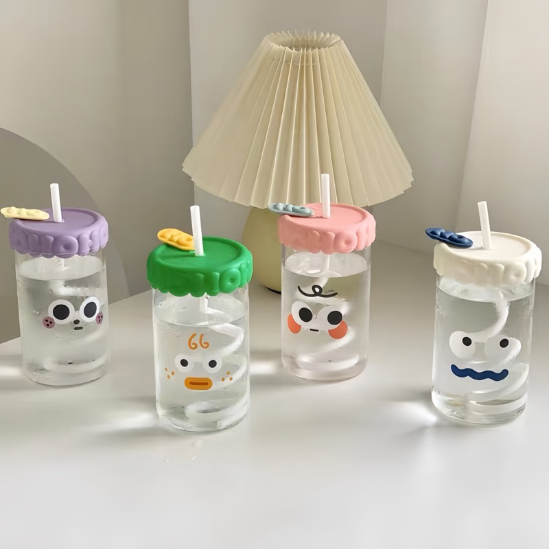 Tumbler Kaca Botol Minum Funny Face Design termasuk Sedotan Spiral Straw Gelas Kopi Korea Estetik Un