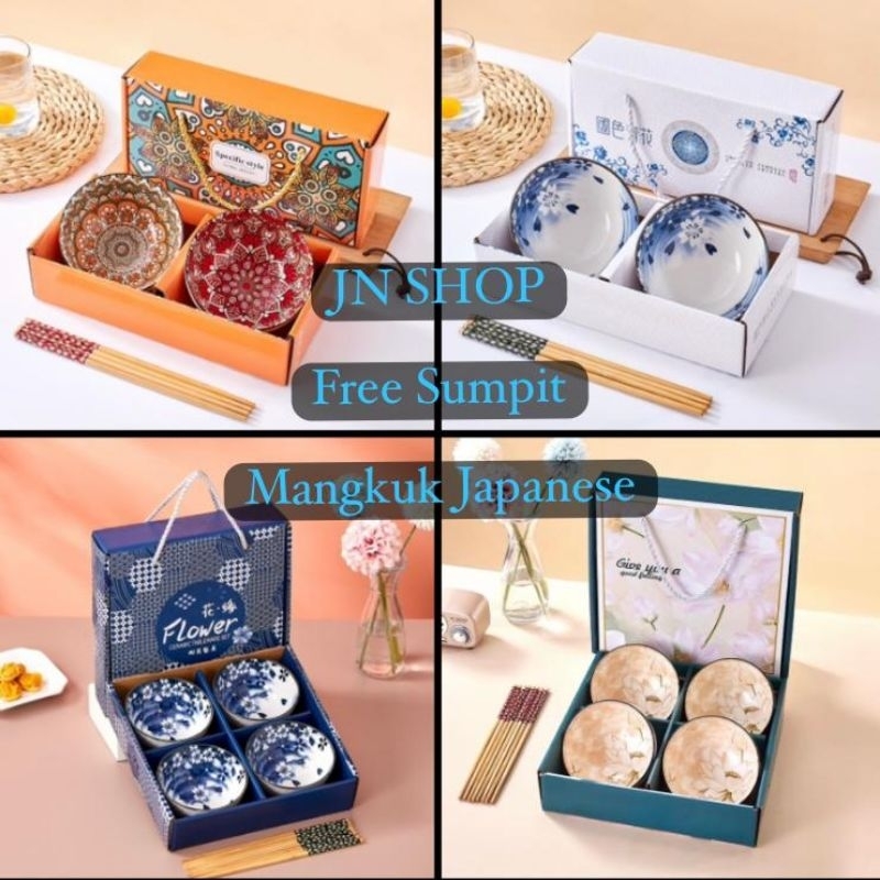 Mangkok Keramik Set Japan Motif Antik  Plus Paper Bag dan Sumpit Souvenir Bowl Gift Batik mangkuk peralatan makan