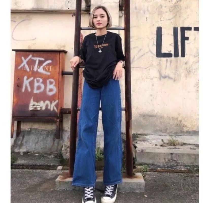 celana jeans wanita kekinian high waist jeans pinggang karet kulot jeans putih korean style kulot panjang