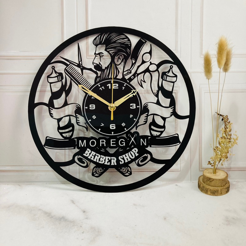 Jam Dinding Barbershop Custom Logo Usaha Anda