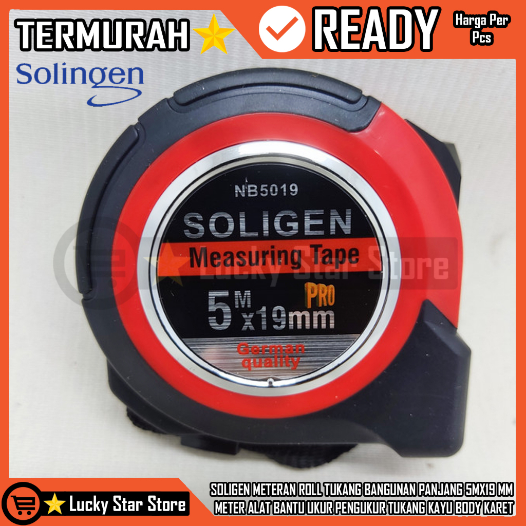 SOLIGEN METERAN ROLL TUKANG BANGUNAN 5MX19MM METER BAHAN BODY FULL KARET  ALAT UKUR PENGUKUR TUKANG 
